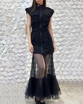 Slim France style personality dress splice gauze long dress