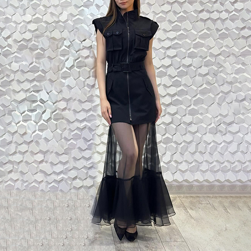 Slim France style personality dress splice gauze long dress