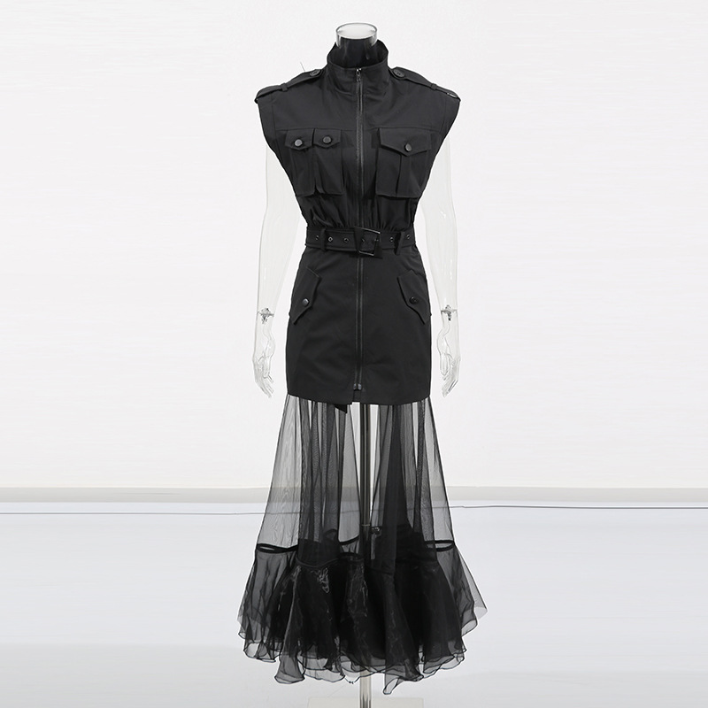 Slim France style personality dress splice gauze long dress