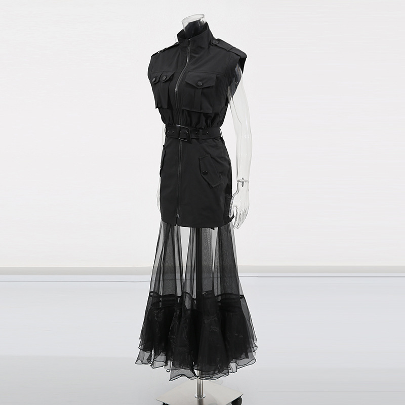 Slim France style personality dress splice gauze long dress