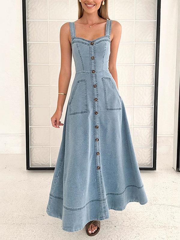 Denim summer long dress pocket slim dress for women
