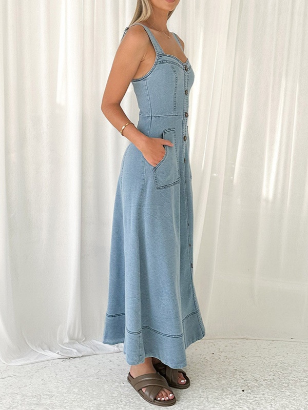 Denim summer long dress pocket slim dress for women