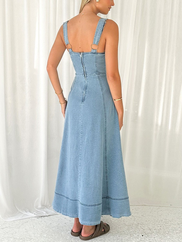 Denim summer long dress pocket slim dress for women