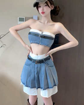 Pleated high waist vest retro work clothing a set for women