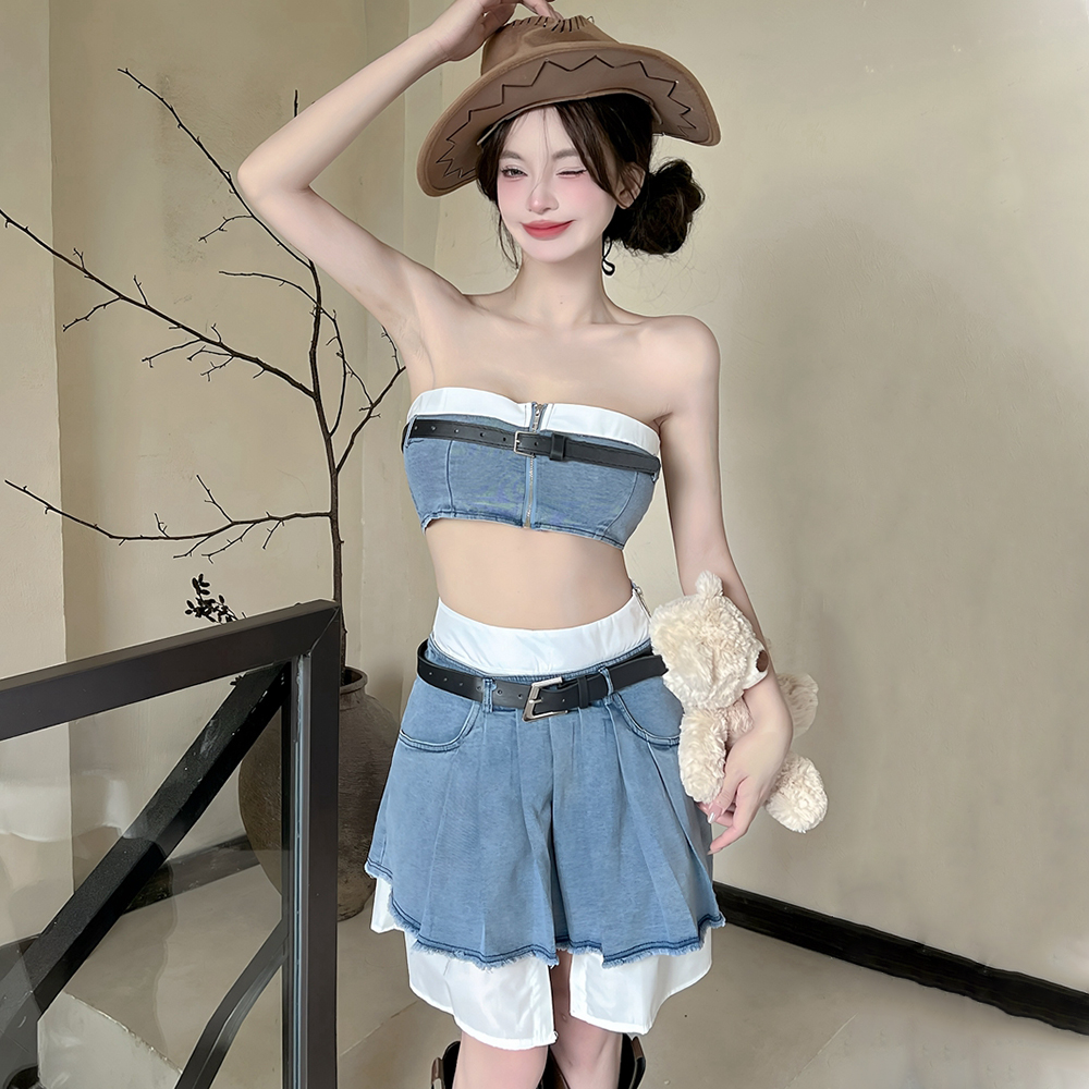 Pleated high waist vest retro work clothing a set for women