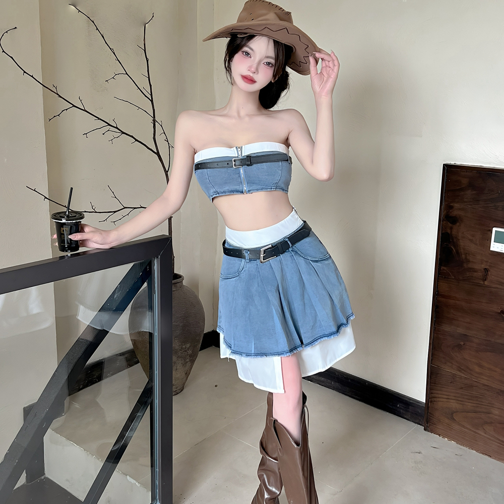 Pleated high waist vest retro work clothing a set for women
