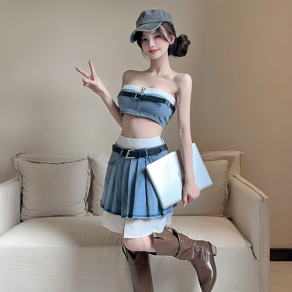 Pleated high waist vest retro work clothing a set for women