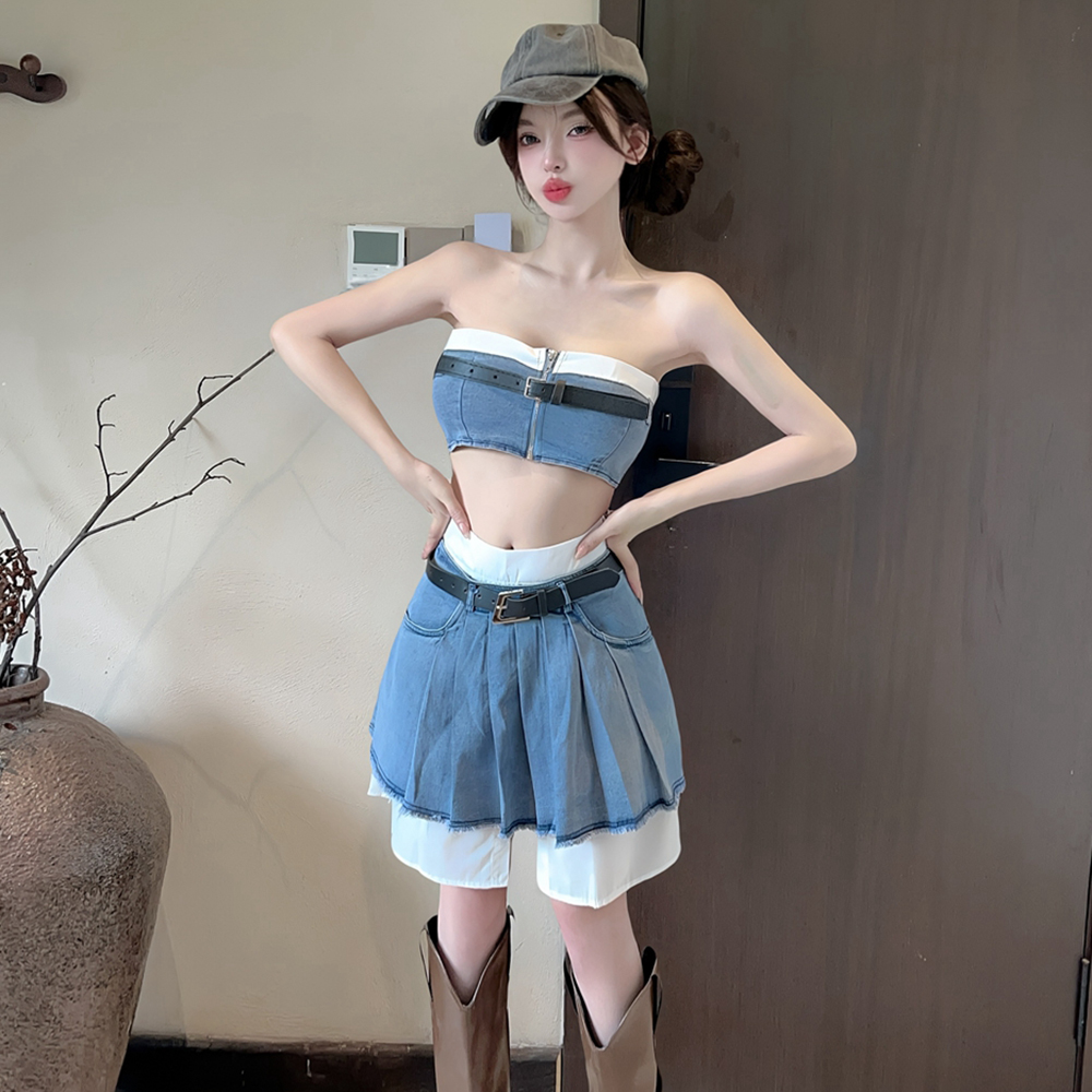 Pleated high waist vest retro work clothing a set for women
