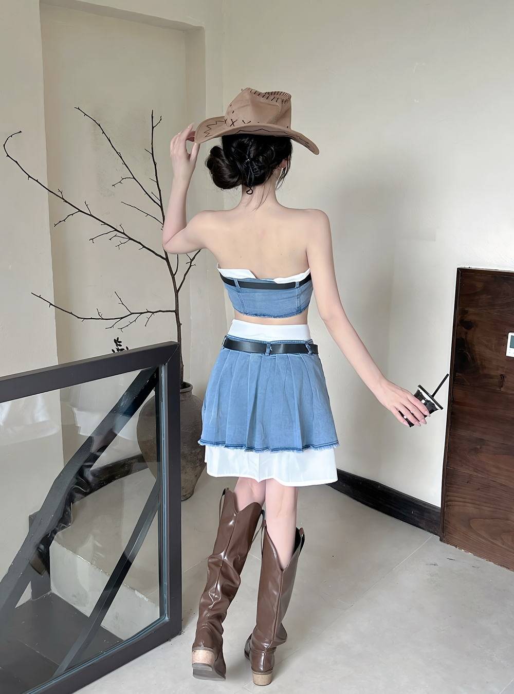 Pleated high waist vest retro work clothing a set for women