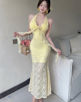 Flowers V-neck dress France style mermaid formal dress