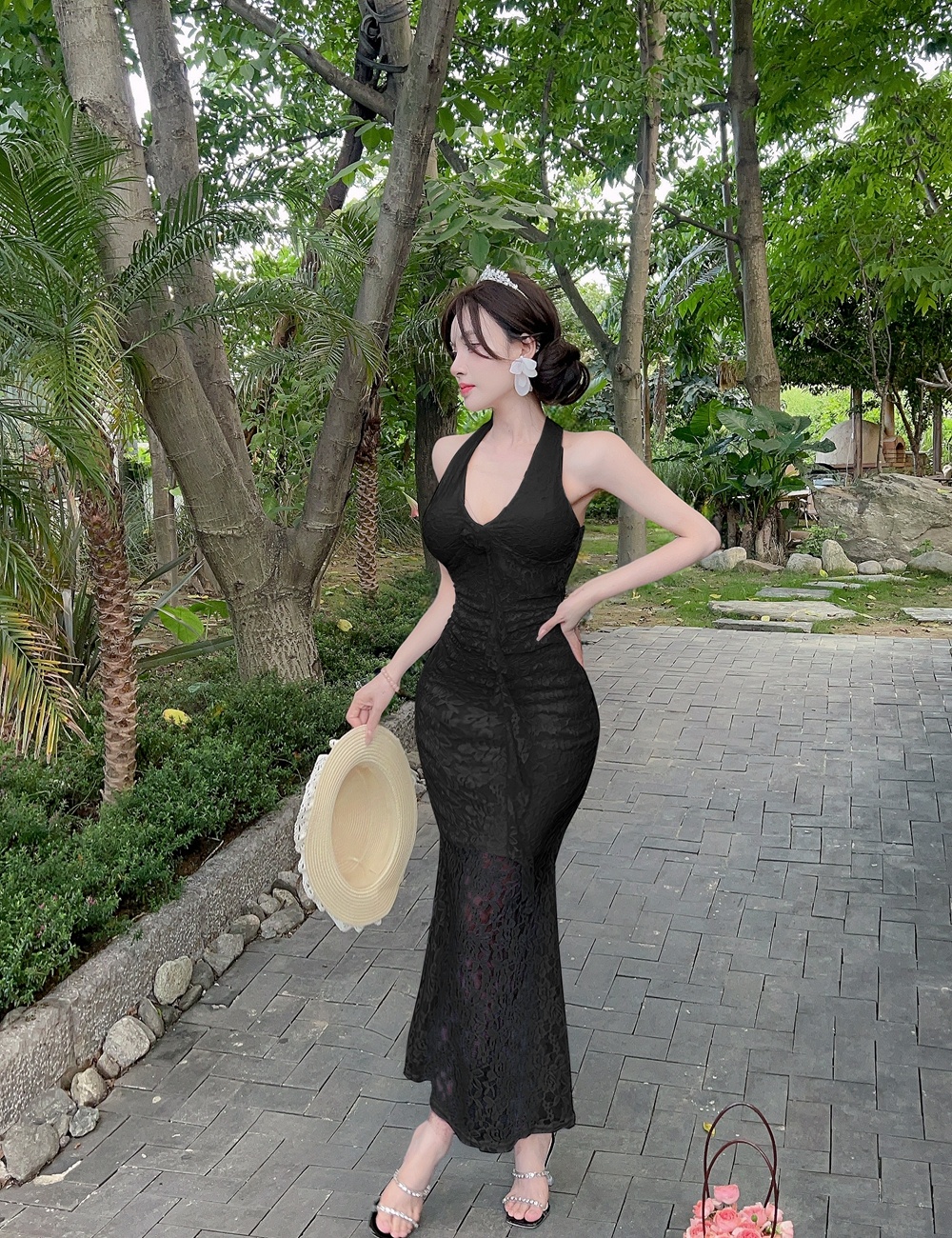 Flowers V-neck dress France style mermaid formal dress