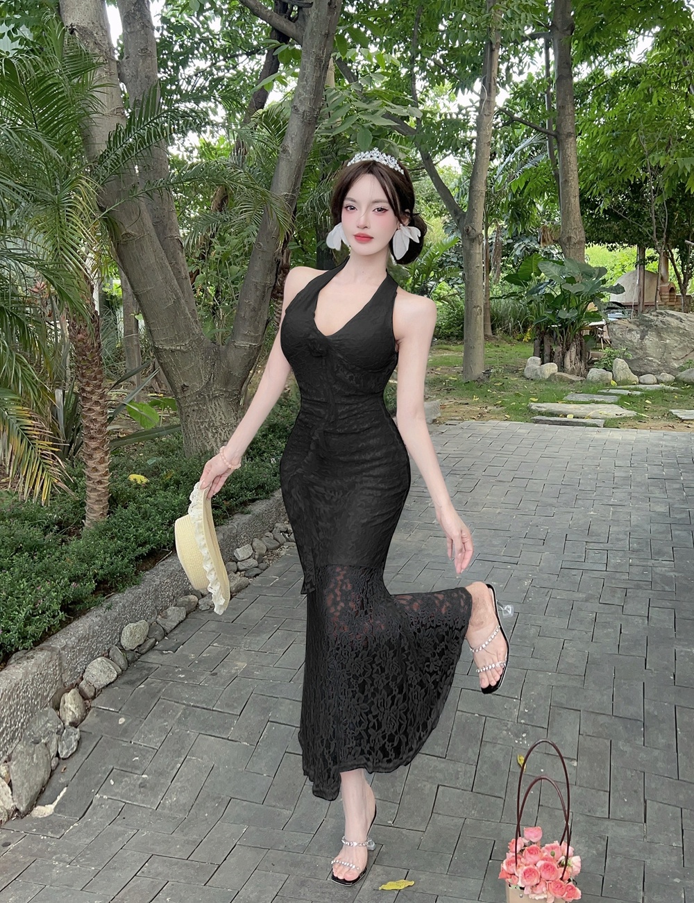 Flowers V-neck dress France style mermaid formal dress