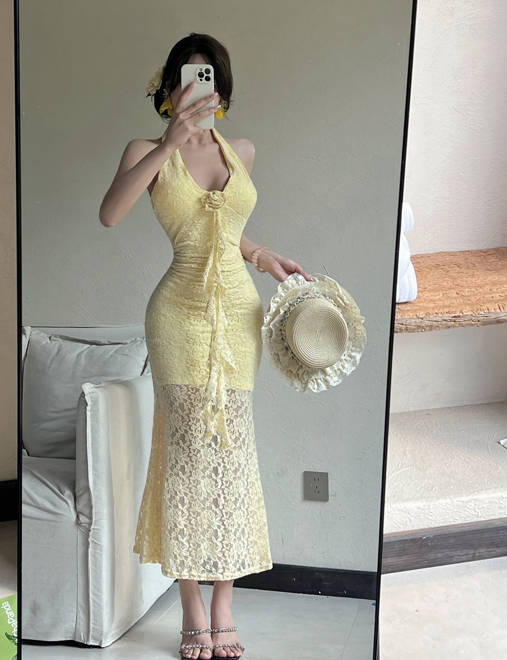Flowers V-neck dress France style mermaid formal dress