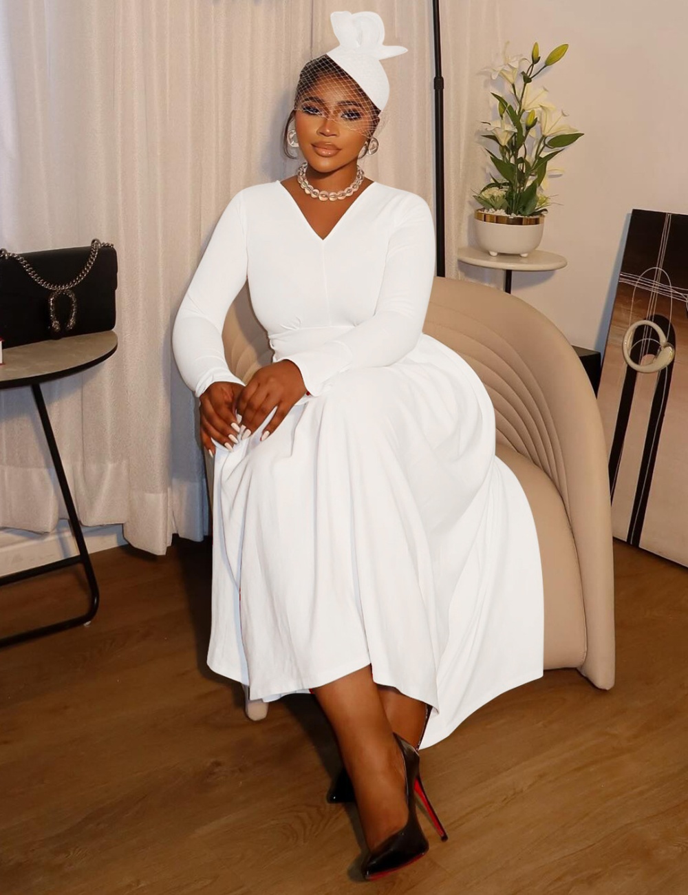 V-neck large yard fold dress for women