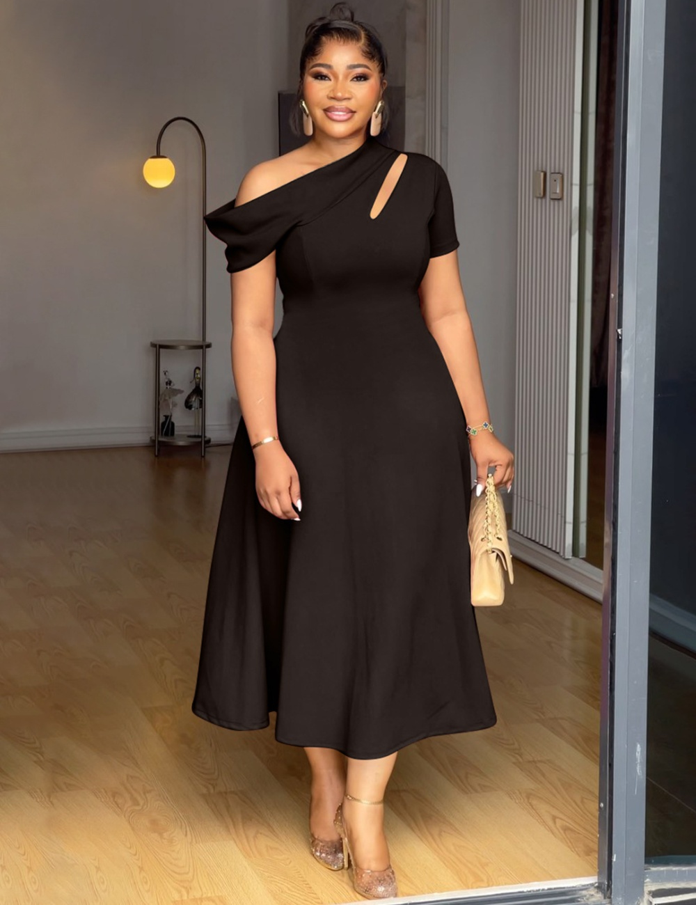 Oblique collar summer pinched waist pure fashion dress