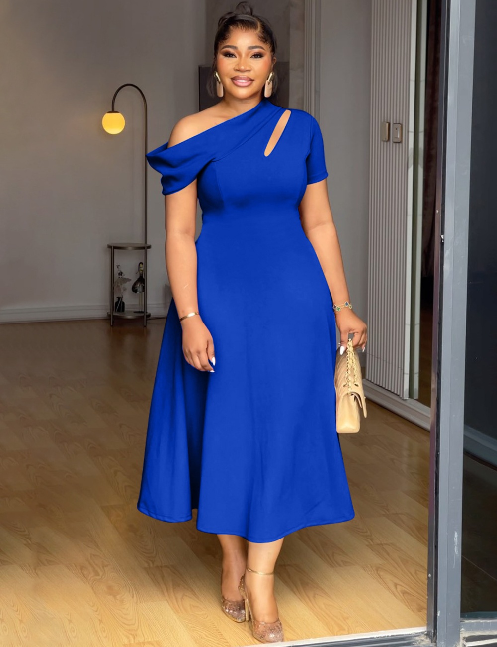 Oblique collar summer pinched waist pure fashion dress