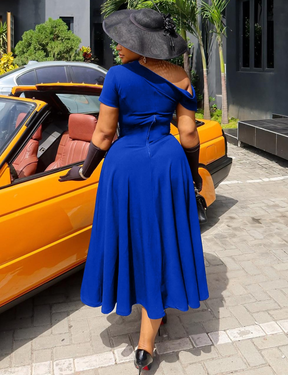 Oblique collar summer pinched waist pure fashion dress