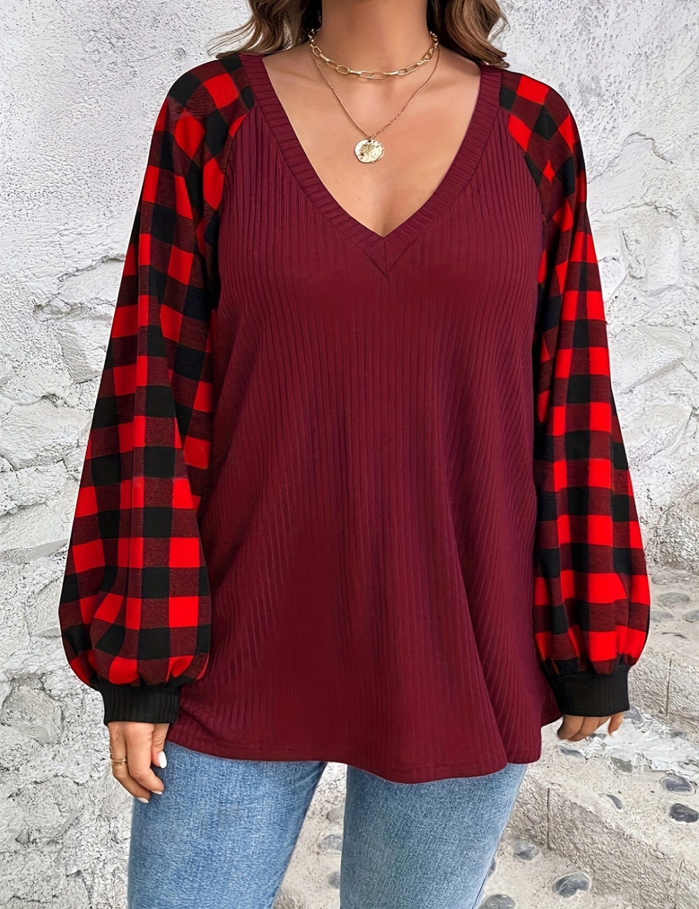 V-neck plaid T-shirt mixed colors tops for women
