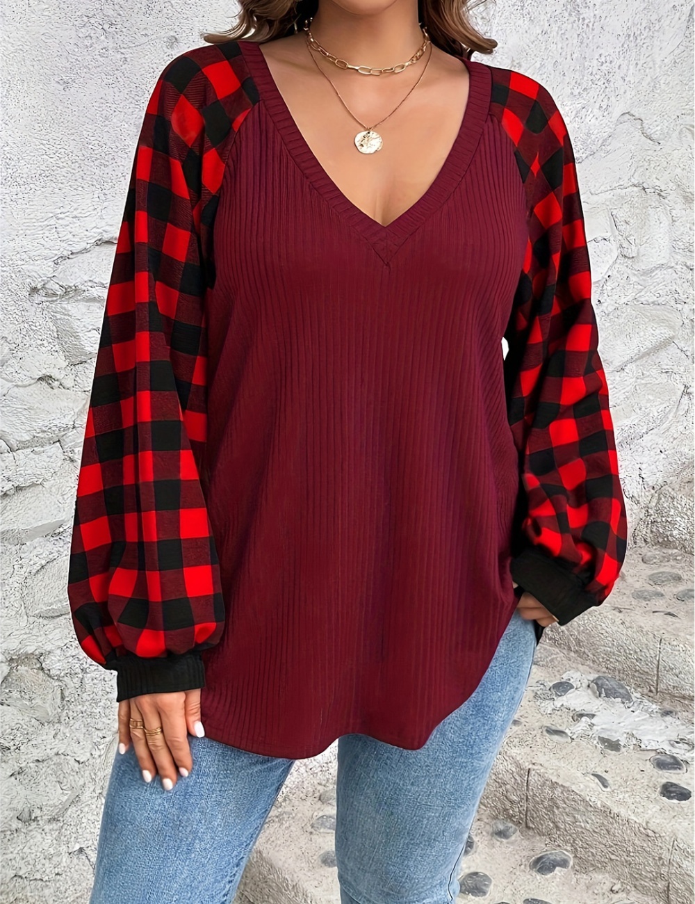 V-neck plaid T-shirt mixed colors tops for women