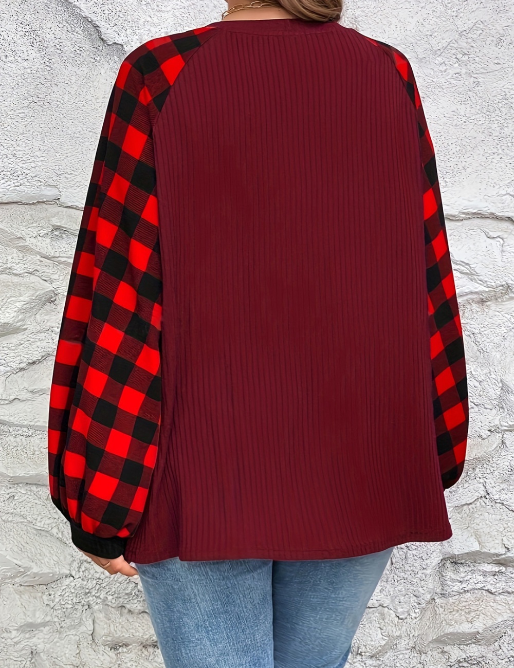 V-neck plaid T-shirt mixed colors tops for women