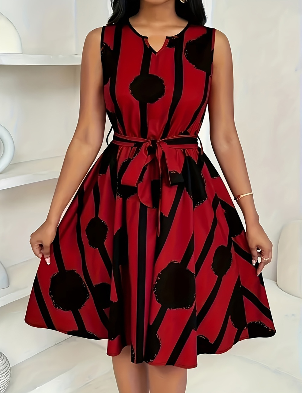 Digital waistband sleeveless printing dress for women