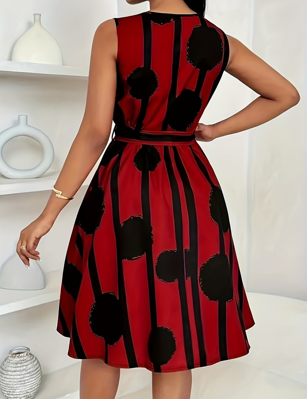 Digital waistband sleeveless printing dress for women