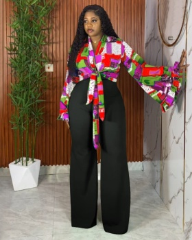 Autumn wide leg pants trumpet sleeves tops 2pcs set for women