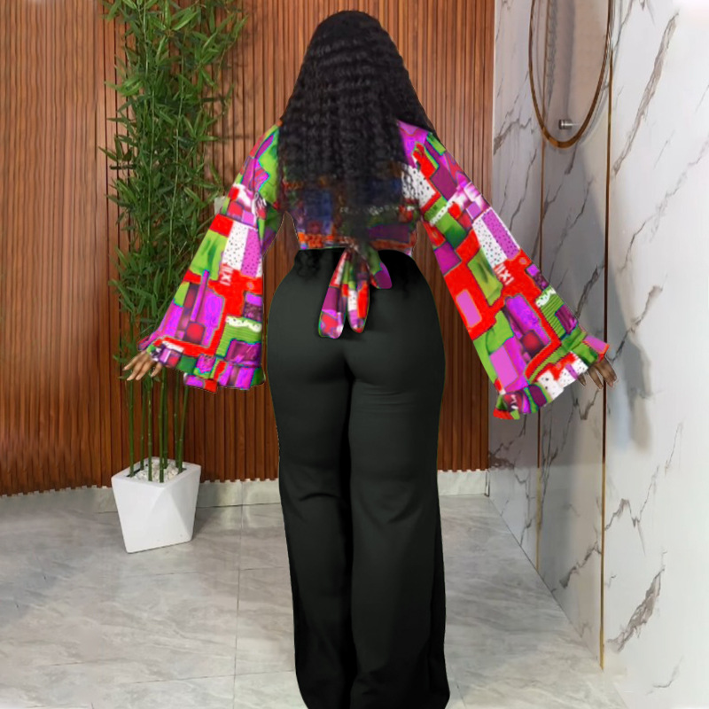 Autumn wide leg pants trumpet sleeves tops 2pcs set for women
