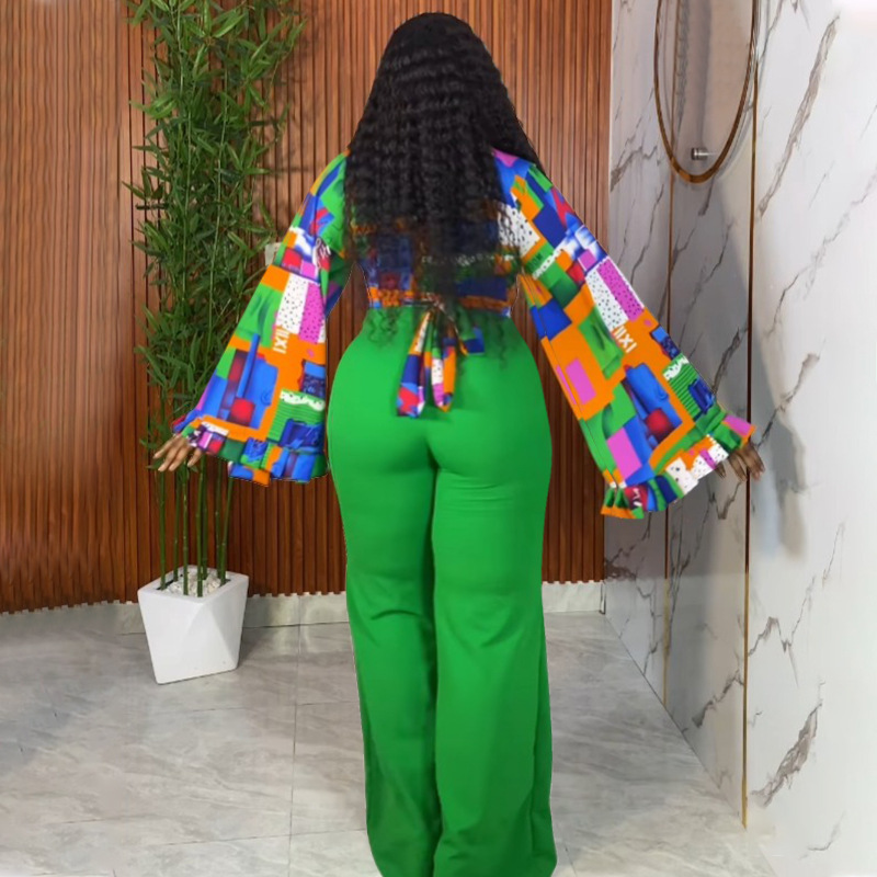 Autumn wide leg pants trumpet sleeves tops 2pcs set for women