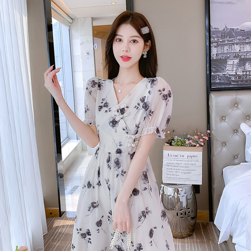 Temperament printing dress ink retro cheongsam for women