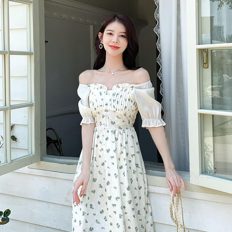 Elegant jacquard summer France style long printing dress