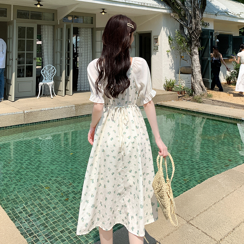 Elegant jacquard summer France style long printing dress