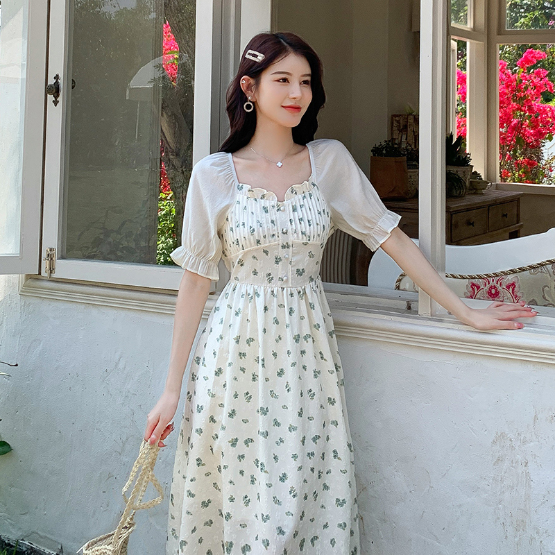 Elegant jacquard summer France style long printing dress