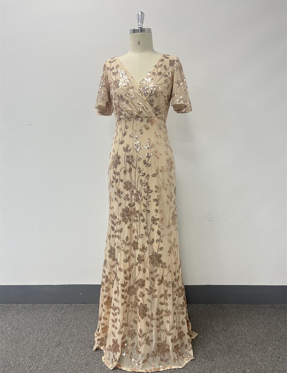 Party V-neck shiny formal dress rose gold lined long dress