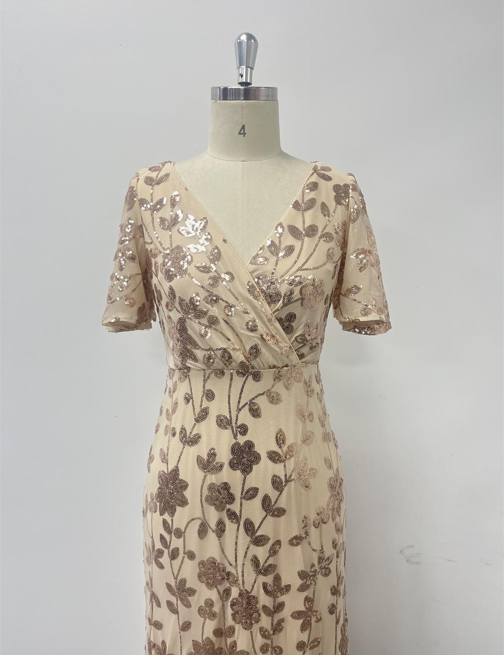 Party V-neck shiny formal dress rose gold lined long dress