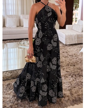 Printing elegant strapless halter vacation dress for women