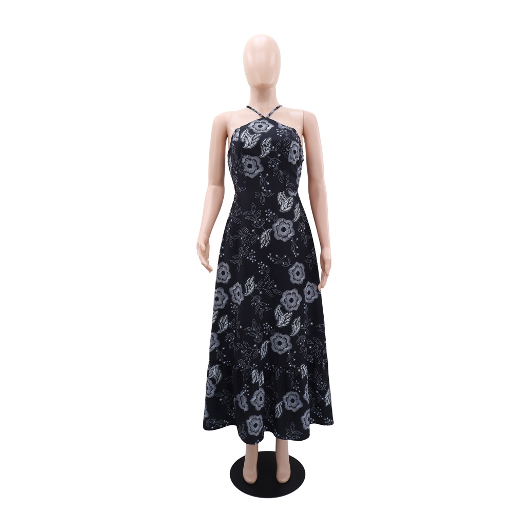 Printing elegant strapless halter vacation dress for women