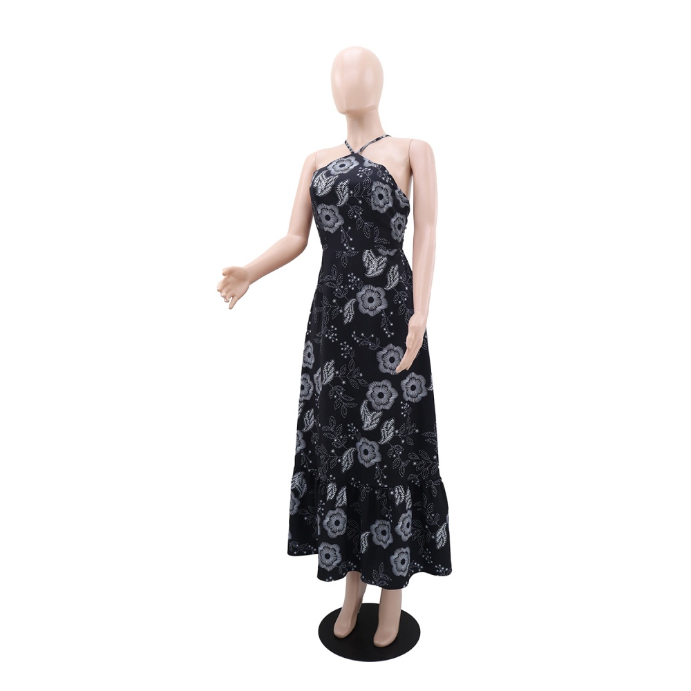 Printing elegant strapless halter vacation dress for women