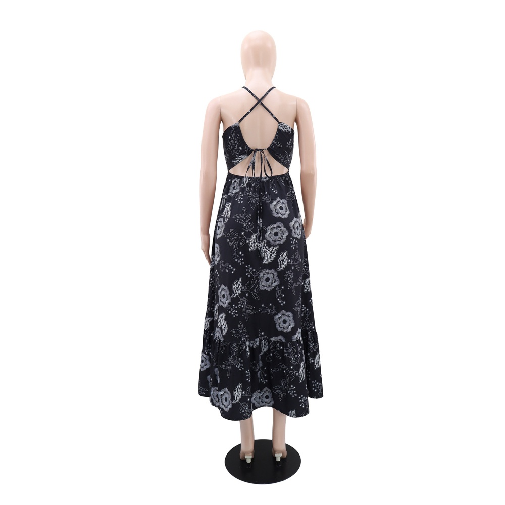 Printing elegant strapless halter vacation dress for women
