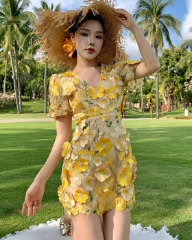 Temperament A-line dress pinched waist slim T-back