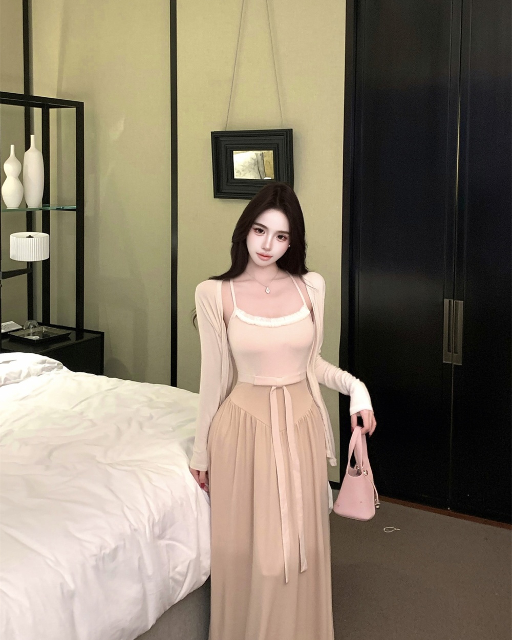 Enticement thin cardigan sling sunscreen long dress 2pcs set
