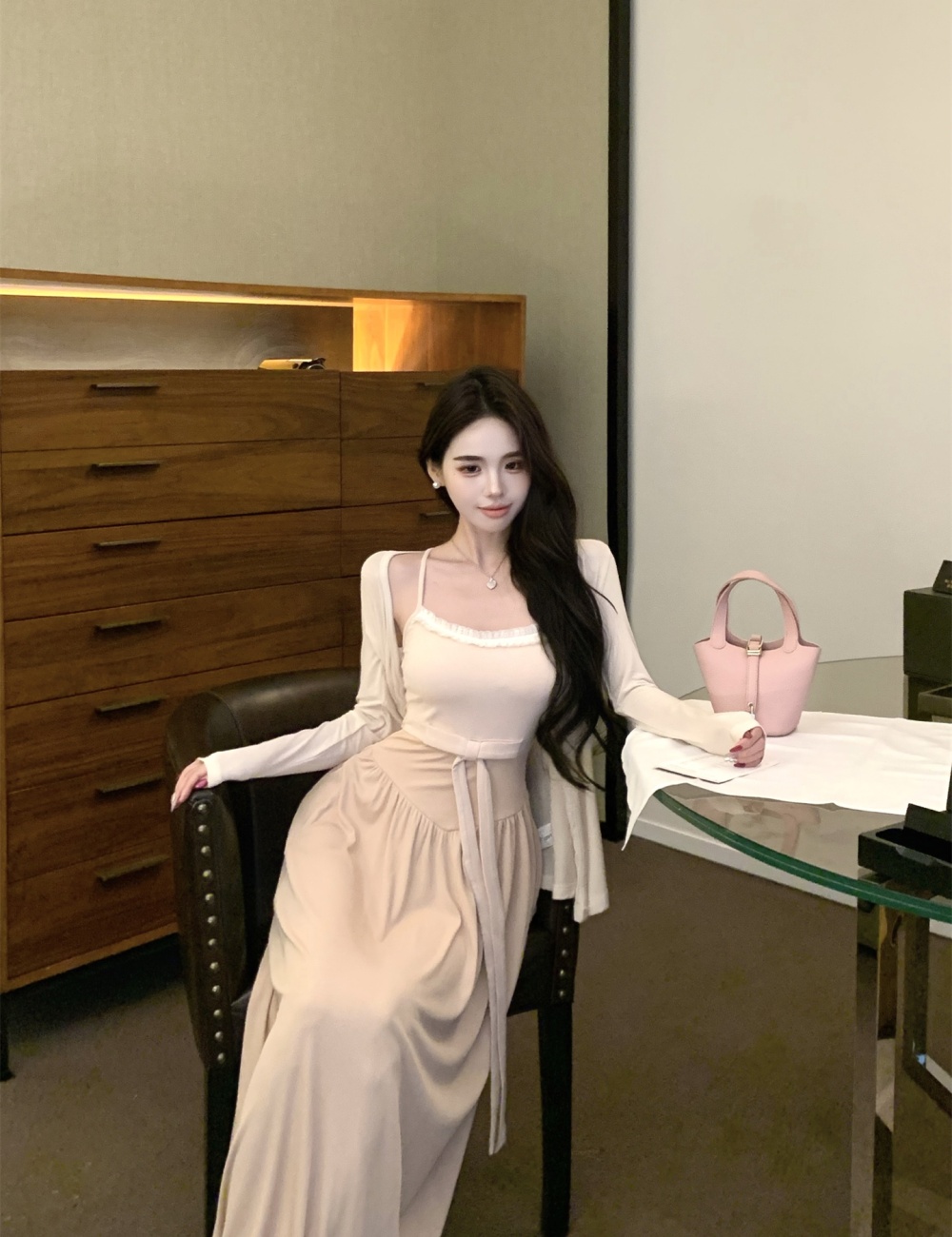 Enticement thin cardigan sling sunscreen long dress 2pcs set