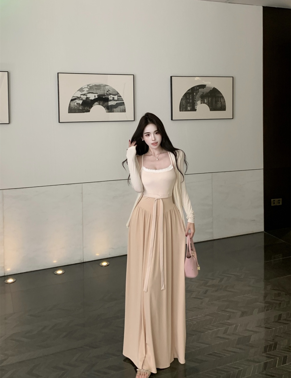 Enticement thin cardigan sling sunscreen long dress 2pcs set