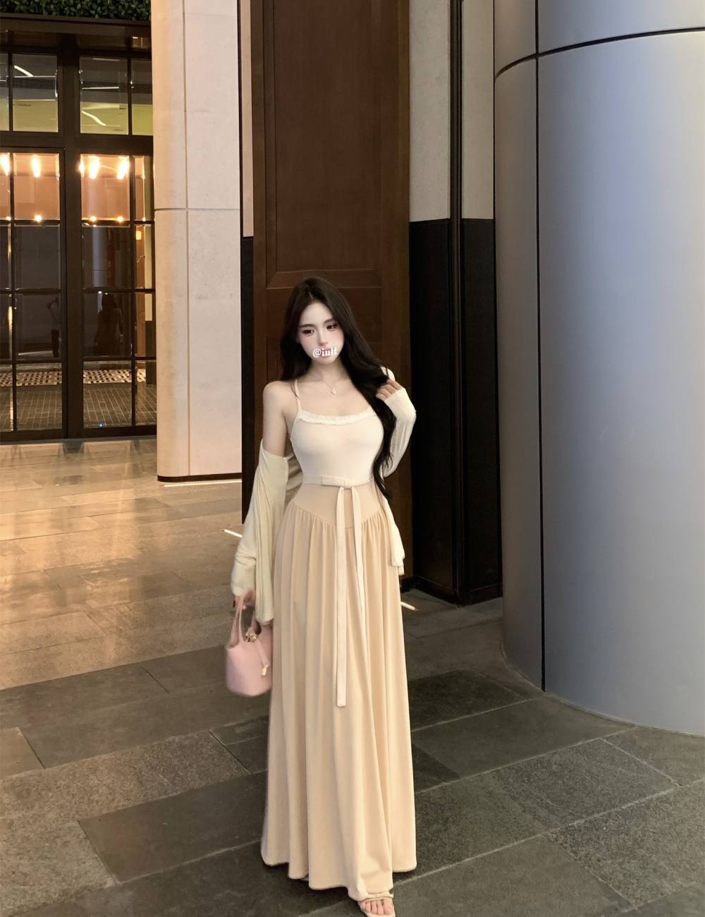 Enticement thin cardigan sling sunscreen long dress 2pcs set