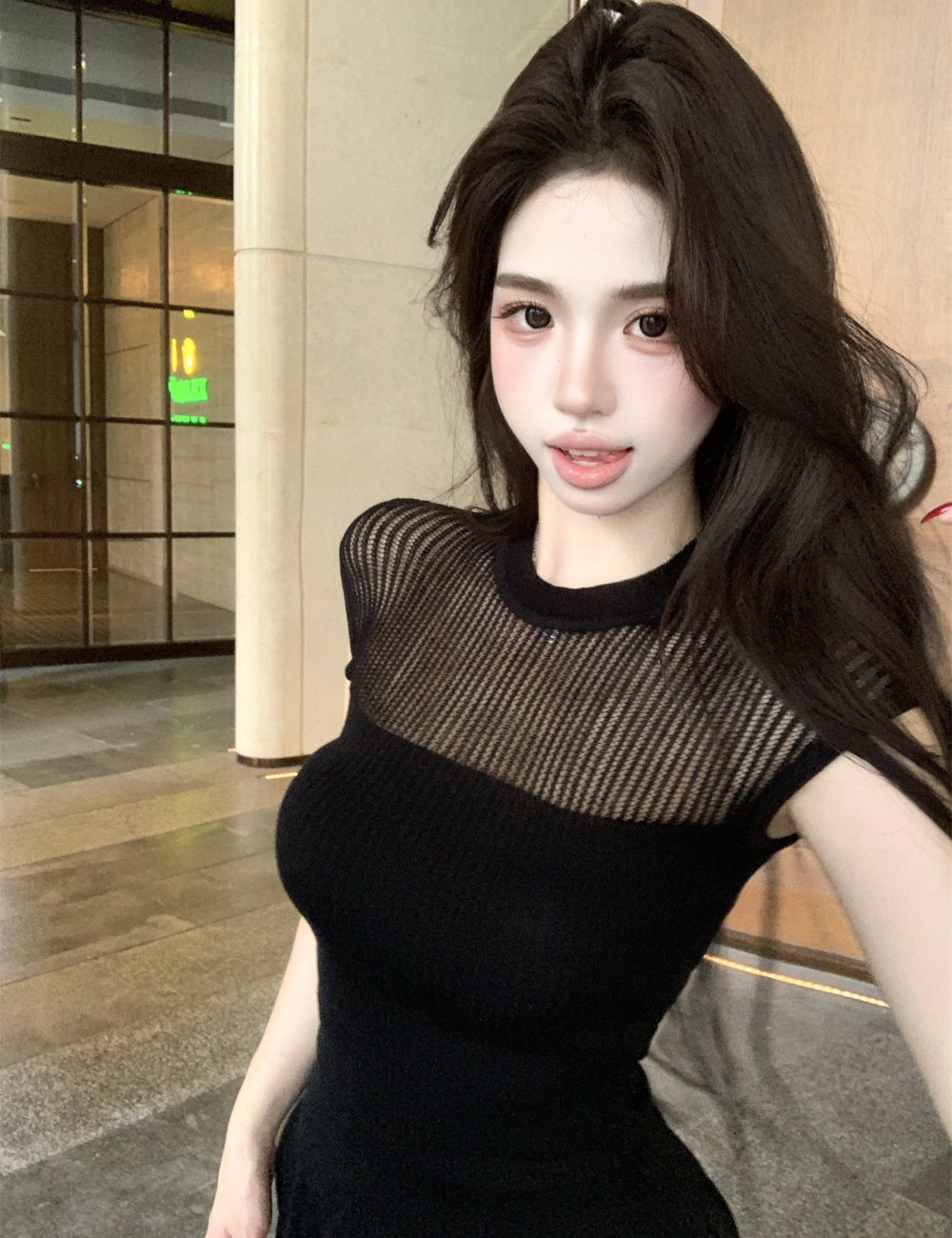 Short sleeve pleated tops hollow slim sweater a set