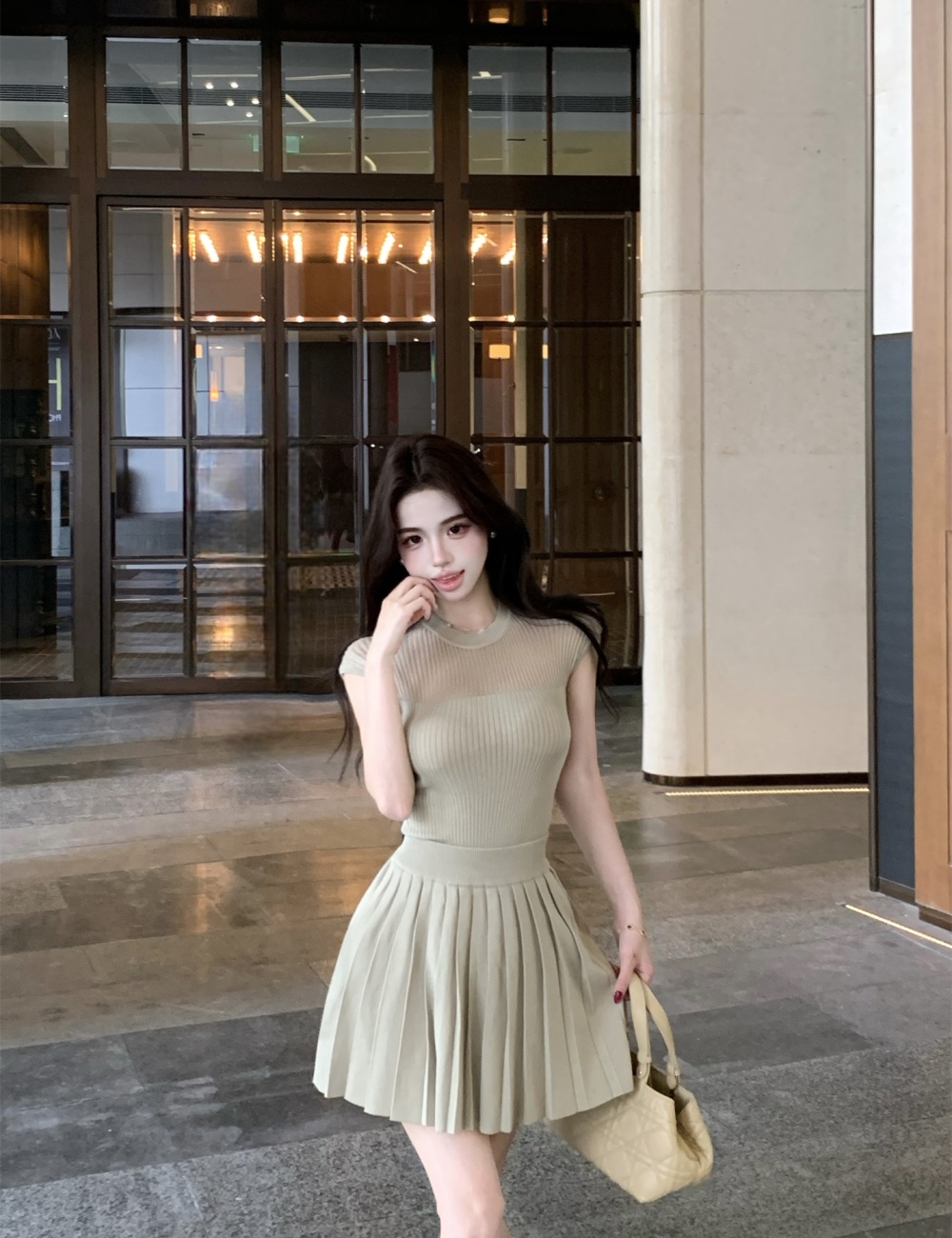 Short sleeve pleated tops hollow slim sweater a set