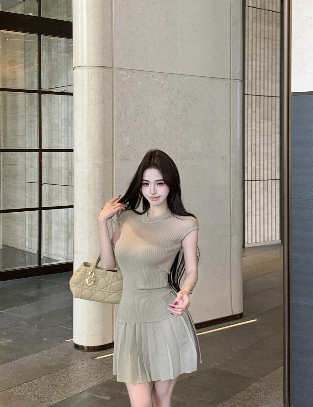 Short sleeve pleated tops hollow slim sweater a set