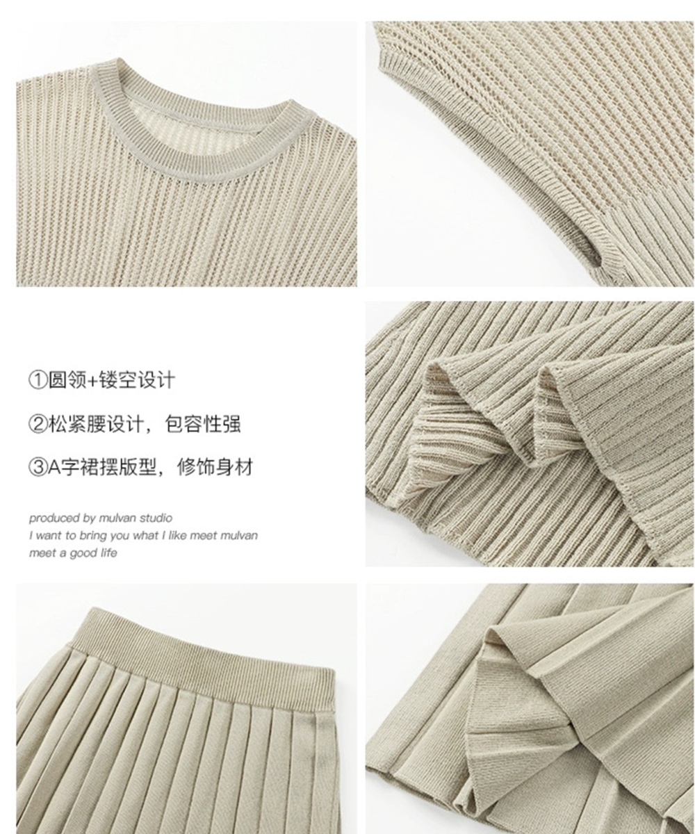Short sleeve pleated tops hollow slim sweater a set