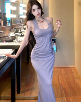 Purple sling long dress package hip back dress