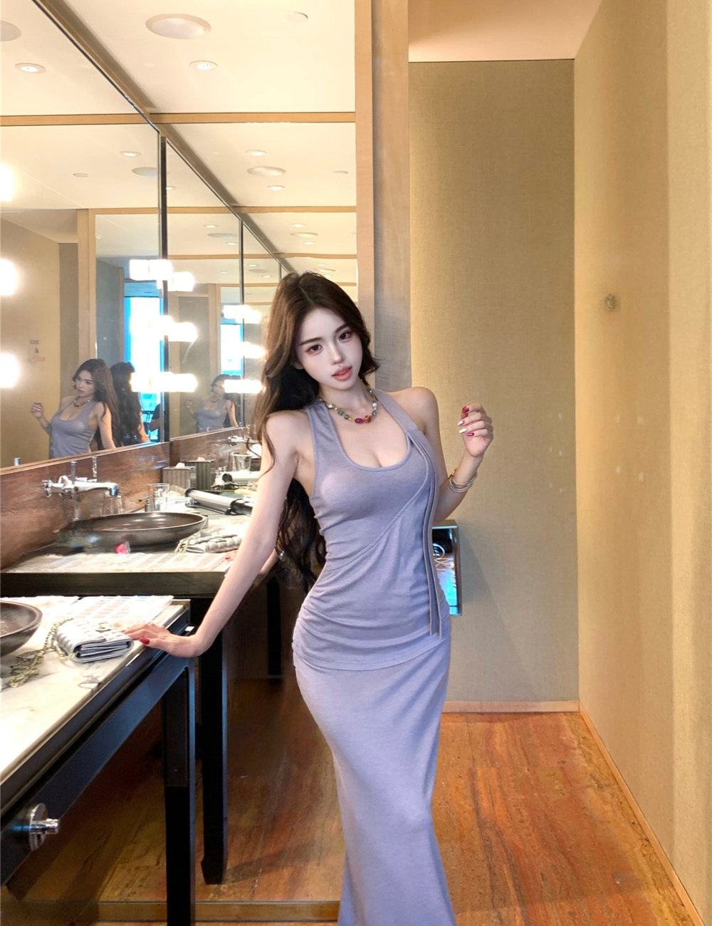 Purple sling long dress package hip back dress